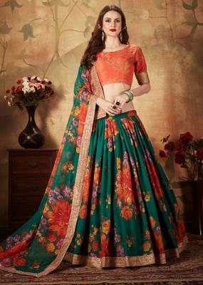 Green & Orange Colored Dori Zari And Sequins Embroidered & Digital Floral Printed Organza Wedding Lehenga Choli 6