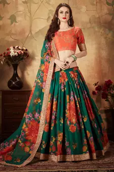 Green & Orange Colored Dori Zari And Sequins Embroidered & Digital Floral Printed Organza Wedding Lehenga Choli