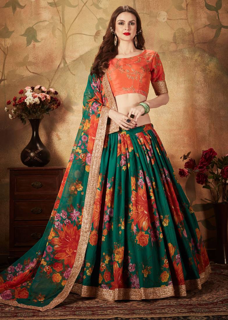 Green & Orange Colored Dori Zari And Sequins Embroidered & Digital Floral Printed Organza Wedding Lehenga Choli