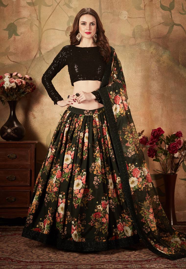 Black Sequins Resham Zari And Dori Embroidered Organza Floral Designer Lehenga Choli