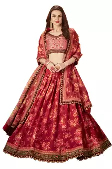 Maroon & Peach Colored Dori Zari And Sequins Embroidered & Digital Floral Printed Organza Party Wear Lehenga