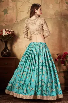 Sky-Blue & Beige Dori Zari And Sequins Embroidered & Floral Organza Lehenga Choli For Bride