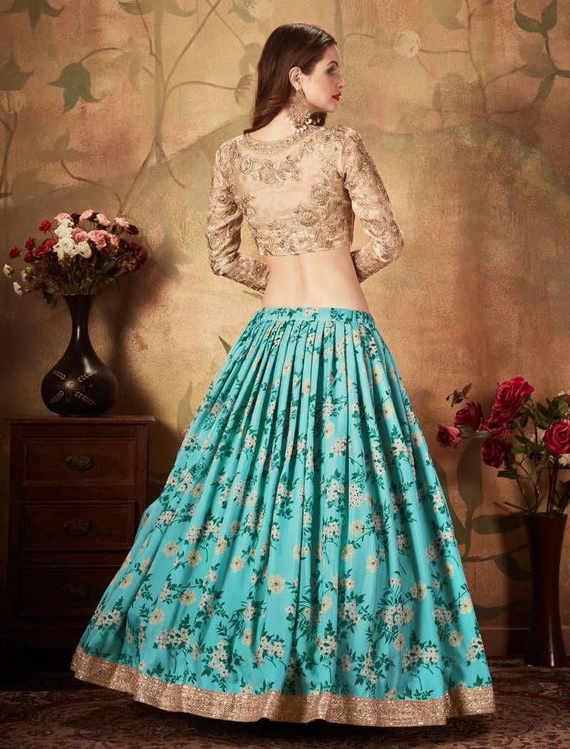 Sky-Blue & Beige Dori Zari And Sequins Embroidered & Floral Organza Lehenga Choli For Bride