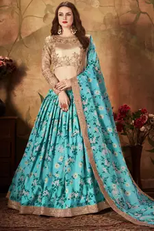 Sky-Blue & Beige Dori Zari And Sequins Embroidered & Floral Organza Lehenga Choli For Bride