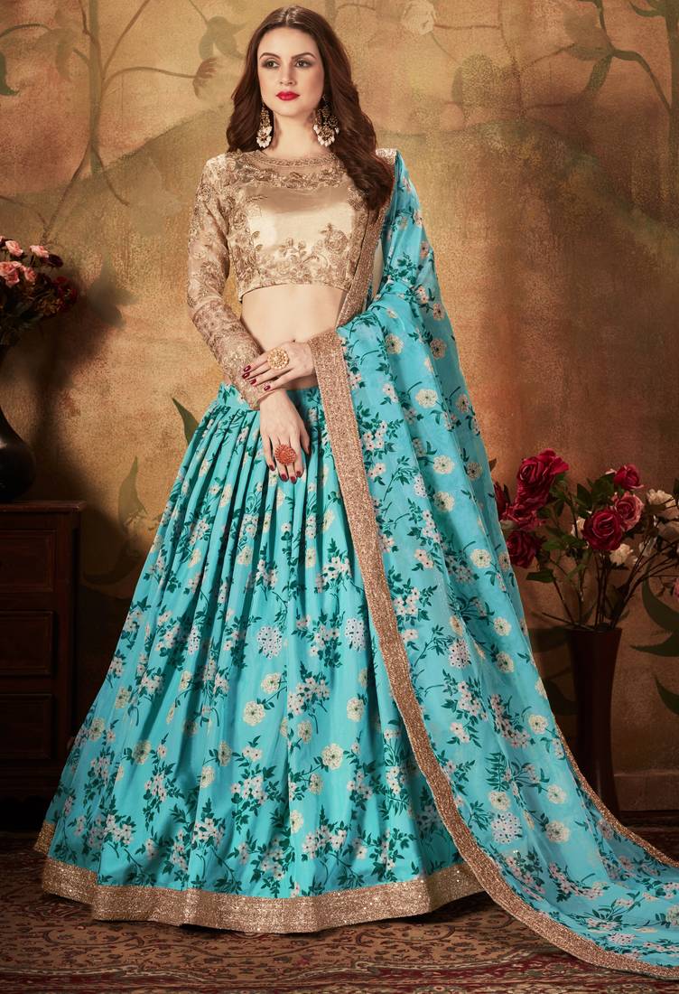 Sky-Blue & Beige Dori Zari And Sequins Embroidered & Floral Organza Lehenga Choli For Bride