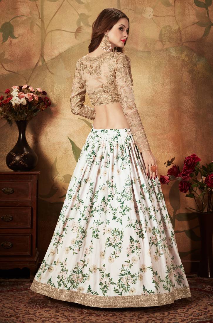 Off-White and Beige Organza Printed Lehenga