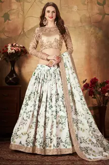 Off-White and Beige Organza Printed Lehenga