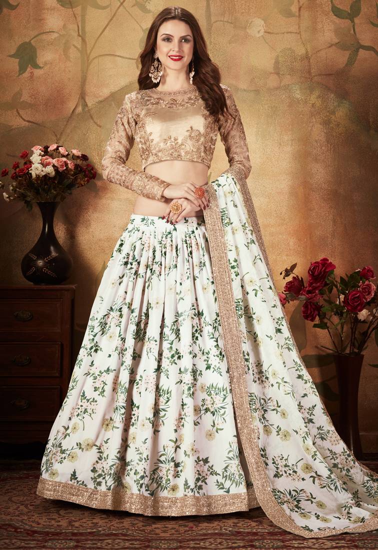 Off-White and Beige Organza Printed Lehenga
