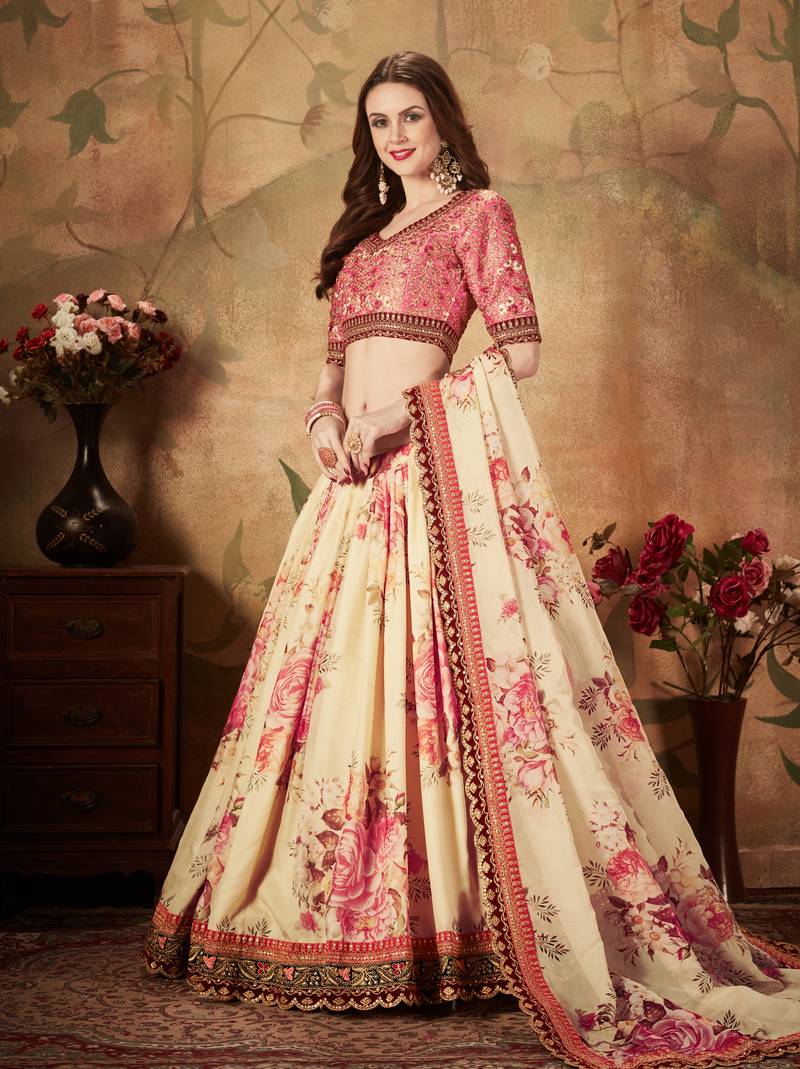 Beige Embroidered Organza Semi Stitched Lehenga Choli For Bridesmaid