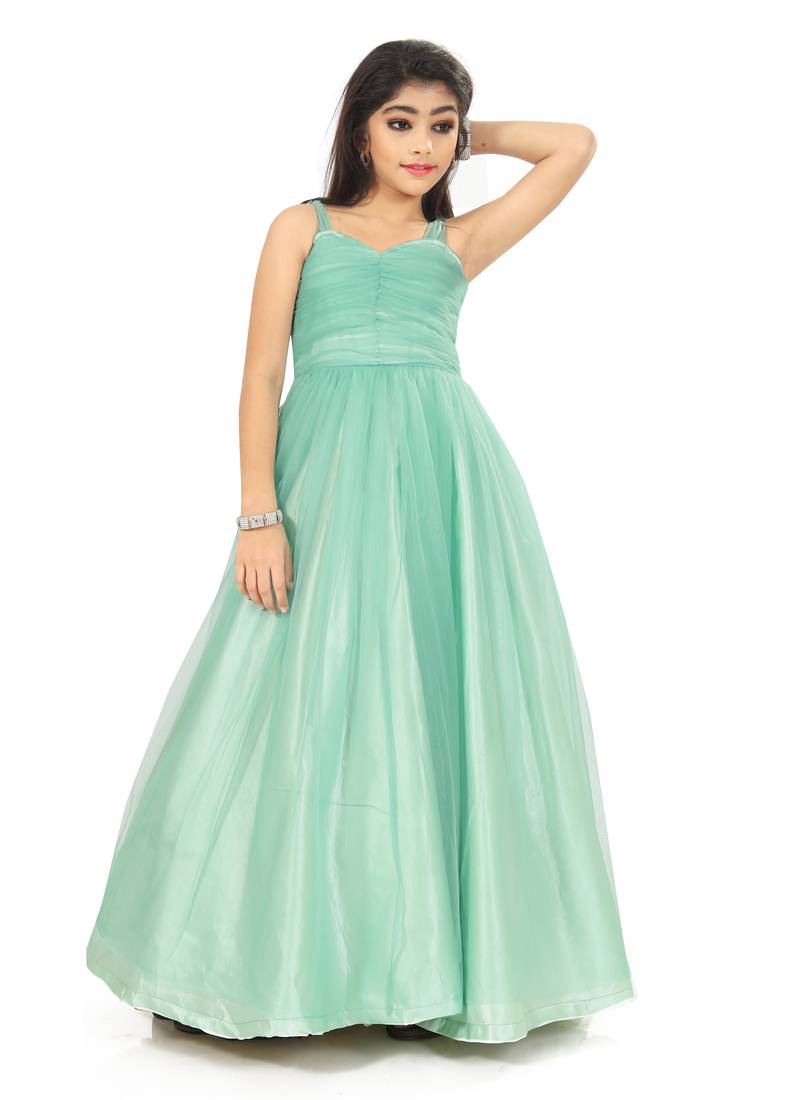 Kids Sky Blue Net With Satin Gown 