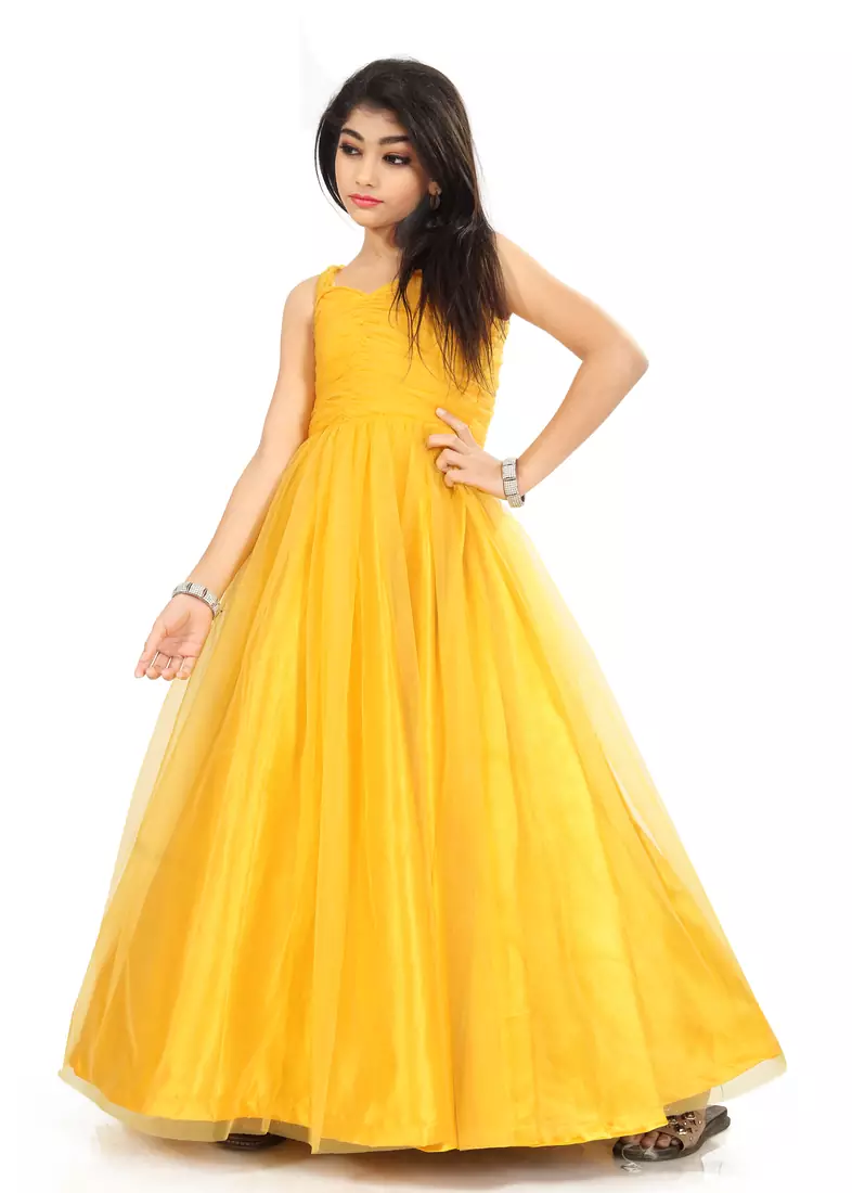 Kids Yellow Net With Satin Gown For Girls 