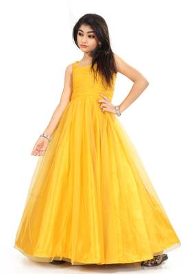 Kids Yellow Net With Satin Gown For Girls  1