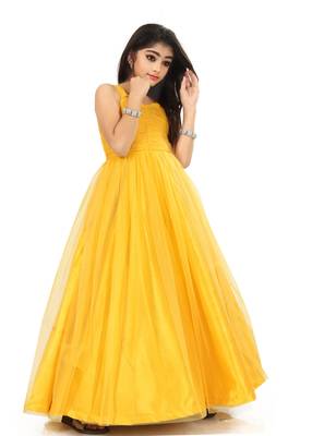 Kids Yellow Net With Satin Gown For Girls  2