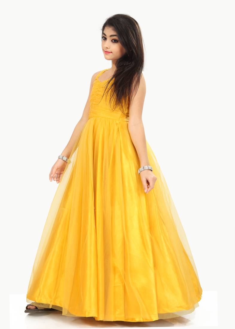 Kids Yellow Net With Satin Gown For Girls 