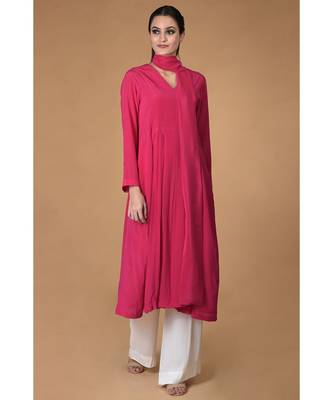 Hot Pink Scarf Neck Pleated Pure Crepe Kurta 2
