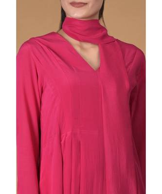 Hot Pink Scarf Neck Pleated Pure Crepe Kurta 3