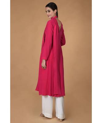 Hot Pink Scarf Neck Pleated Pure Crepe Kurta 5