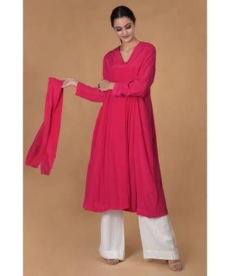 Hot Pink Scarf Neck Pleated Pure Crepe Kurta 6
