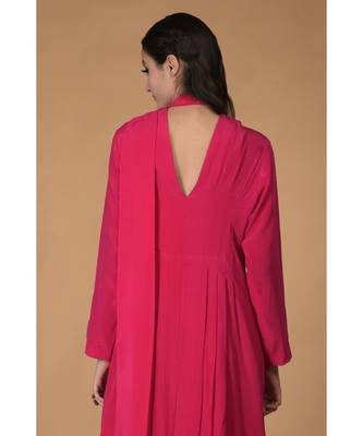 Hot Pink Scarf Neck Pleated Pure Crepe Kurta 7