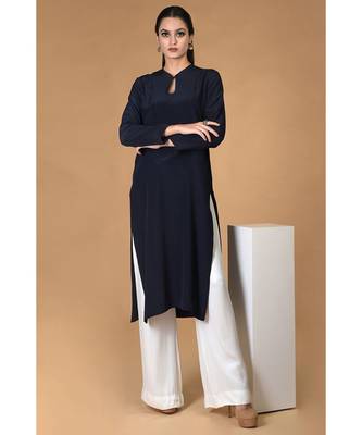 Navy Blue Pure Crepe Seamless Keyhole Neckline Kurta 1