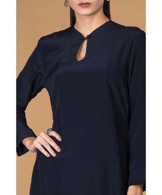 Navy Blue Pure Crepe Seamless Keyhole Neckline Kurta 2