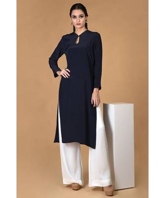 Navy Blue Pure Crepe Seamless Keyhole Neckline Kurta 3