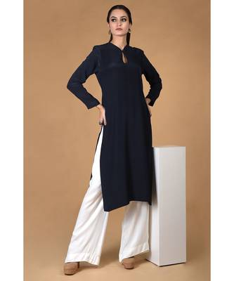 Navy Blue Pure Crepe Seamless Keyhole Neckline Kurta 4