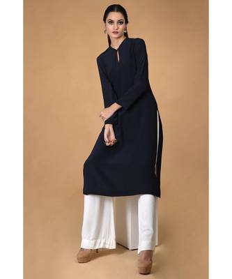 Navy Blue Pure Crepe Seamless Keyhole Neckline Kurta 5