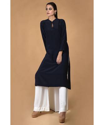Navy Blue Pure Crepe Seamless Keyhole Neckline Kurta 6