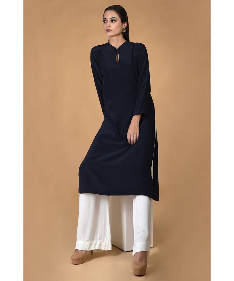 Navy Blue Pure Crepe Seamless Keyhole Neckline Kurta