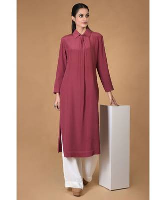 Burgundy Pure Crepe Twist Neckline Kurta 1