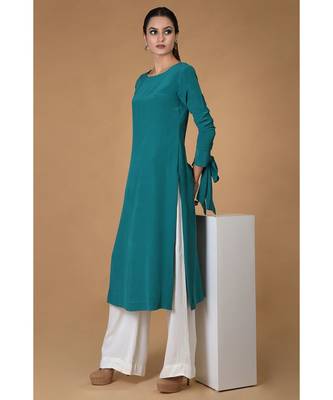 Teal Pure Crepe Bow-Tie Sleeves Kurta 1