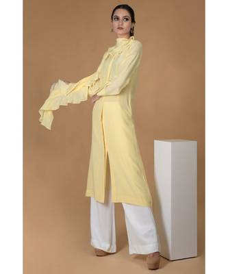 Lemon Sprig Frilled Scarf Pure Crepe Kurta 2