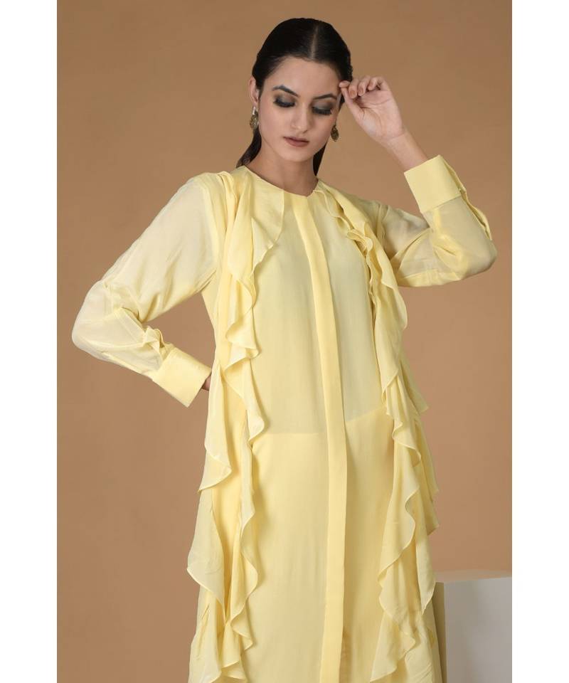 Lemon Sprig Frilled Scarf Pure Crepe Kurta