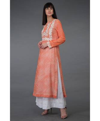 Orange Leheriya Floral Embroidered Georgette Kurta 1