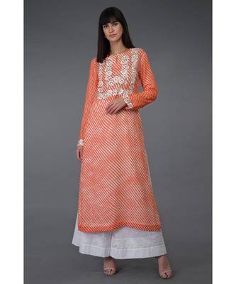 Orange Leheriya Floral Embroidered Georgette Kurta 3