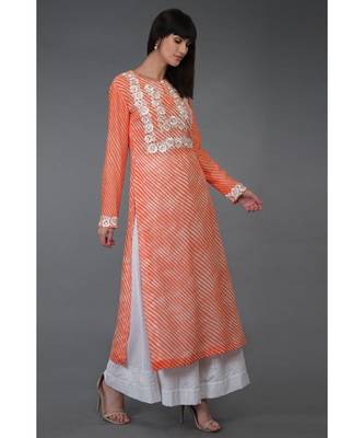Orange Leheriya Floral Embroidered Georgette Kurta 4