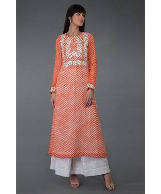 Orange Leheriya Floral Embroidered Georgette Kurta 6