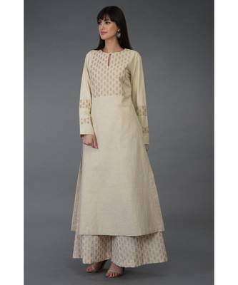 Beige- Gold Block Print Kurta 1