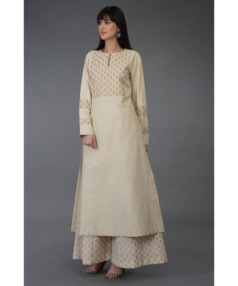Beige- Gold Block Print Kurta
