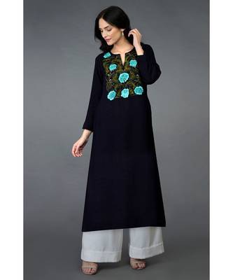 Midnight Blue Floral Embroidered Long Tunic Kurta 1