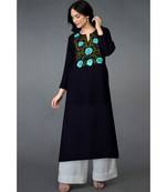 Midnight Blue Floral Embroidered Long Tunic Kurta