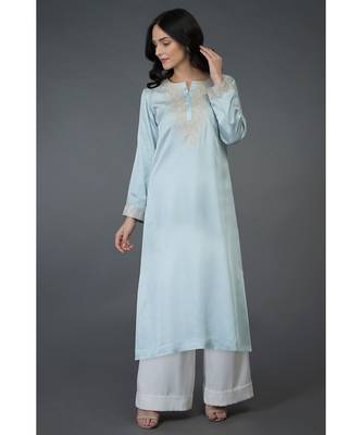 Serenity Blue Kashmiri Tilla Embroidered Long Tunic Kurta 1