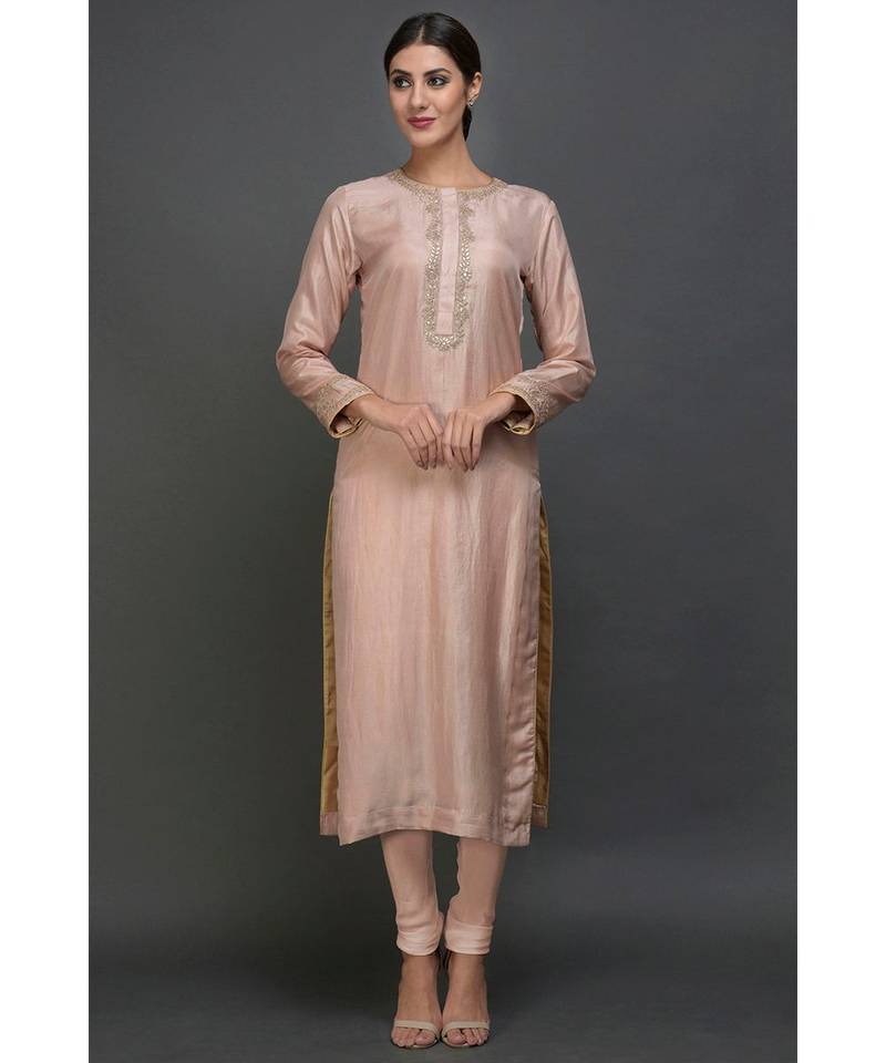 Nude Pink Gota Patti Hand Embroidered Pure Silk Kurta