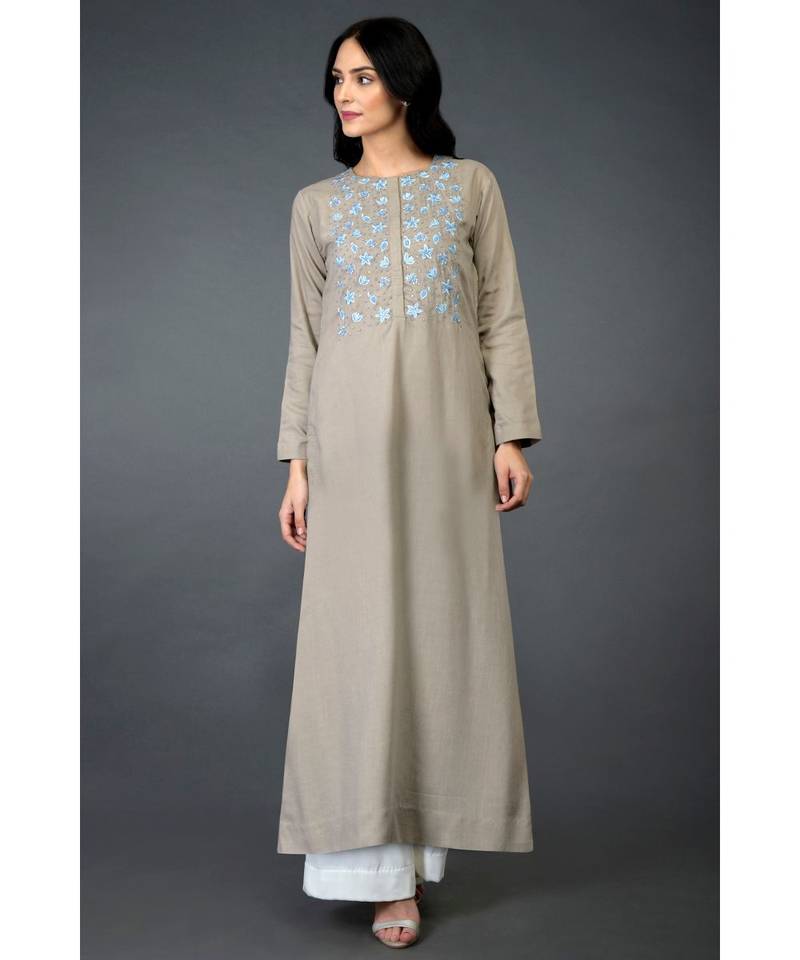 Beige Floral Resham Sequin & Beads Work Long Tunic Kurta