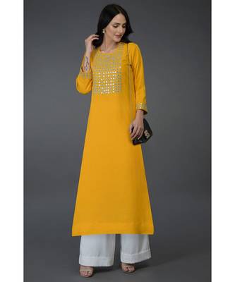 Sunglow Yellow Mirror, Beads & Zari Work Long Tunic Kurta 1