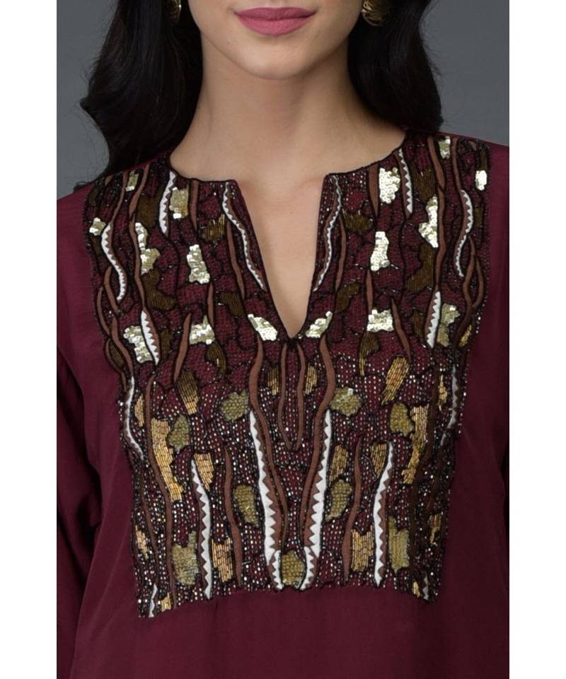 Burgundy Resham Sequin & Beads Embroidered Long Tunic Kurta