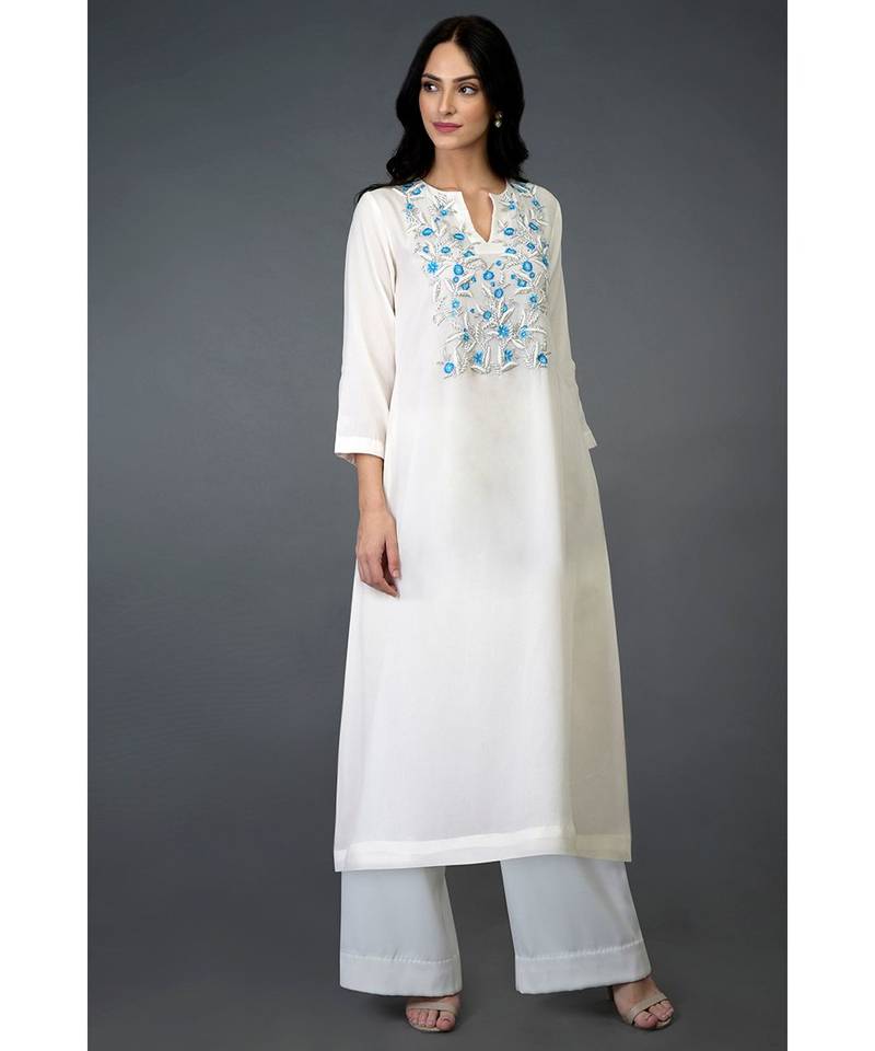 Ivory Resham Beads and Crystal Embroidered Long Tunic Kurta