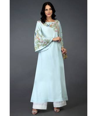 Serenity Blue Birds and Floral Embroidered Long Tunic Kurta 1