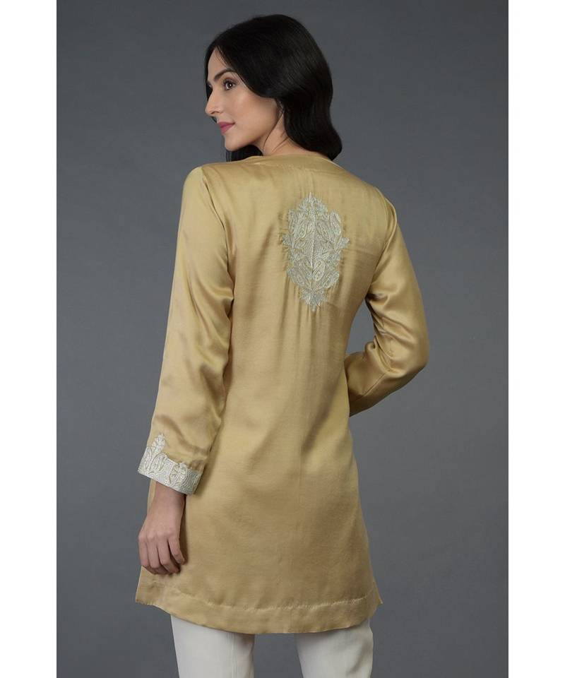 Living Coral Kashmiri Tilla Embroidered Tunic Top